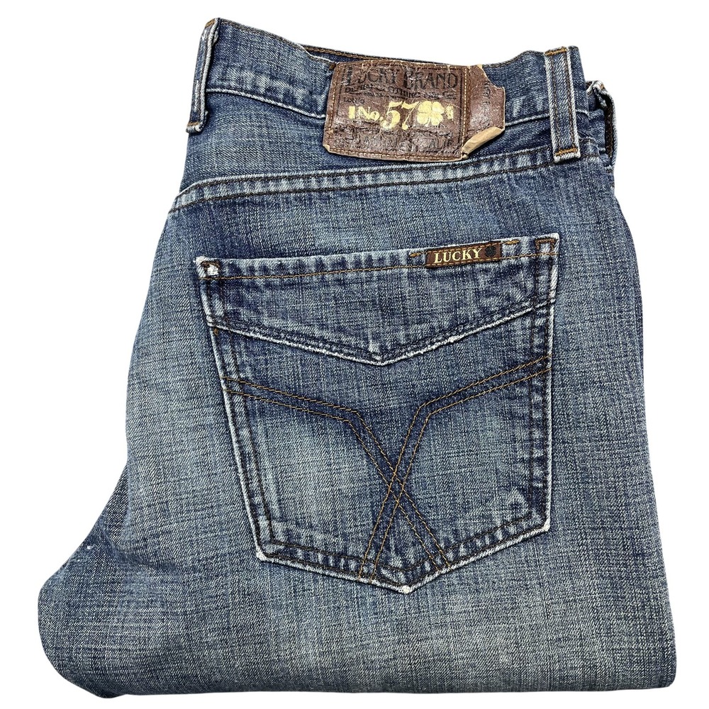 Lucky Brand Santa Fe Jeans Mens 31x32 Blue Medium Wash Distressed Bootcut Denim